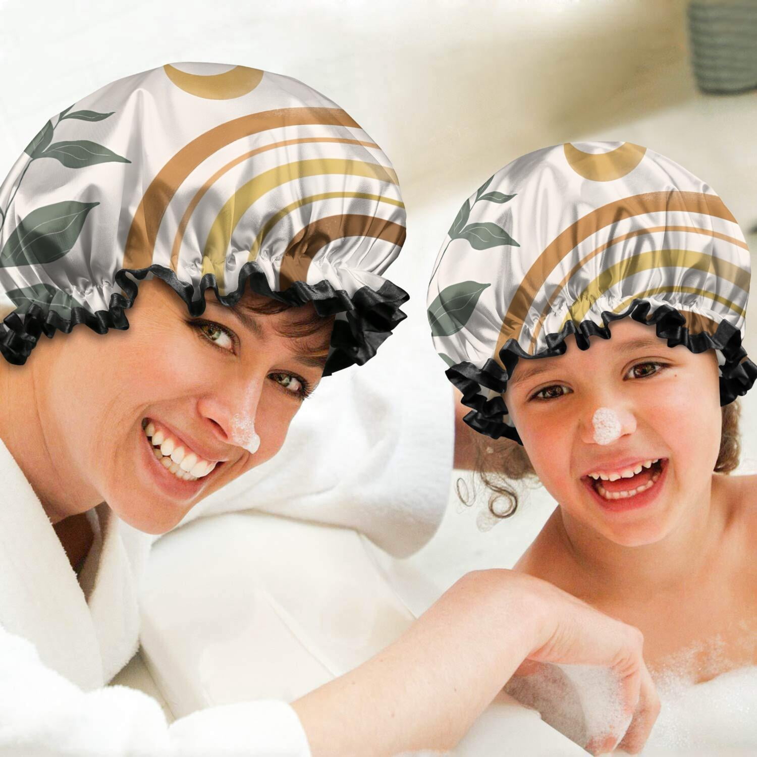Shower Caps,Brown Boho Sun, Moon and Plant Pattern Waterproof Shower Cap for Women 4 Pieces,Double Reusable Hair Cover for Shower PEVA Elastic Stretch Hem