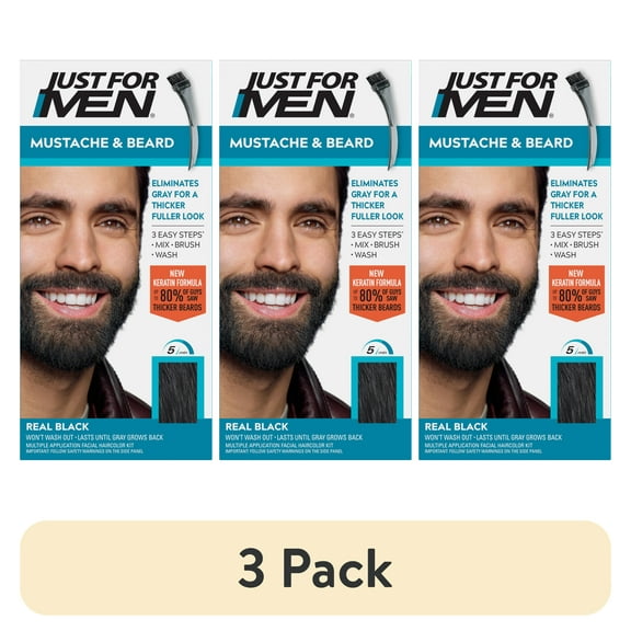 (3 pack) Just For Men Mustache & Beard, Beard Dye for Men with Brush Included for Easy Application, With Keratin Biotin Aloe and Coconut Oil for Healthy Facial Hair - Real Black, M-55 Pack of 1