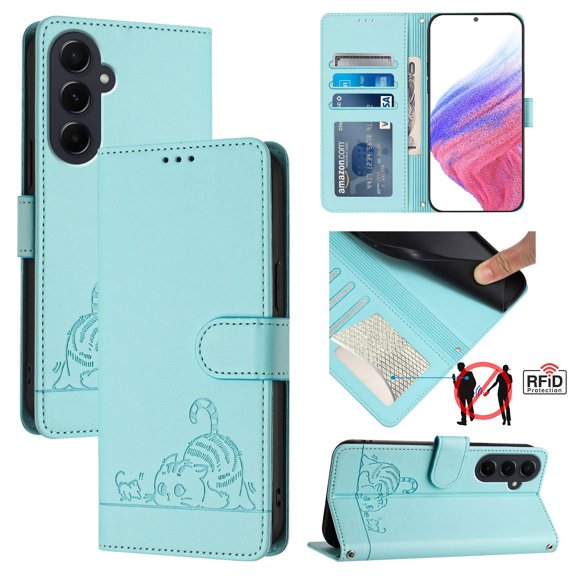 Compatible with Samsung Galaxy A34 5G Card Slot Case,[Cat Knurling] PU Folio Flip Wallet Magnetic Case[RFID Blocking] Leather Protective Stand Cover with Wrist Strap for Women Men,Mint