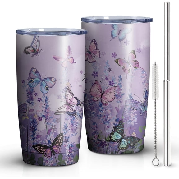 Purple Butterfly Insulated Coffee Cup 20 Oz Stainless Steel Tumbler with Lid and Straw, Thermal Travel Coffee Mug for Home Outdoor, Cups for Hot and Cold Drinks
