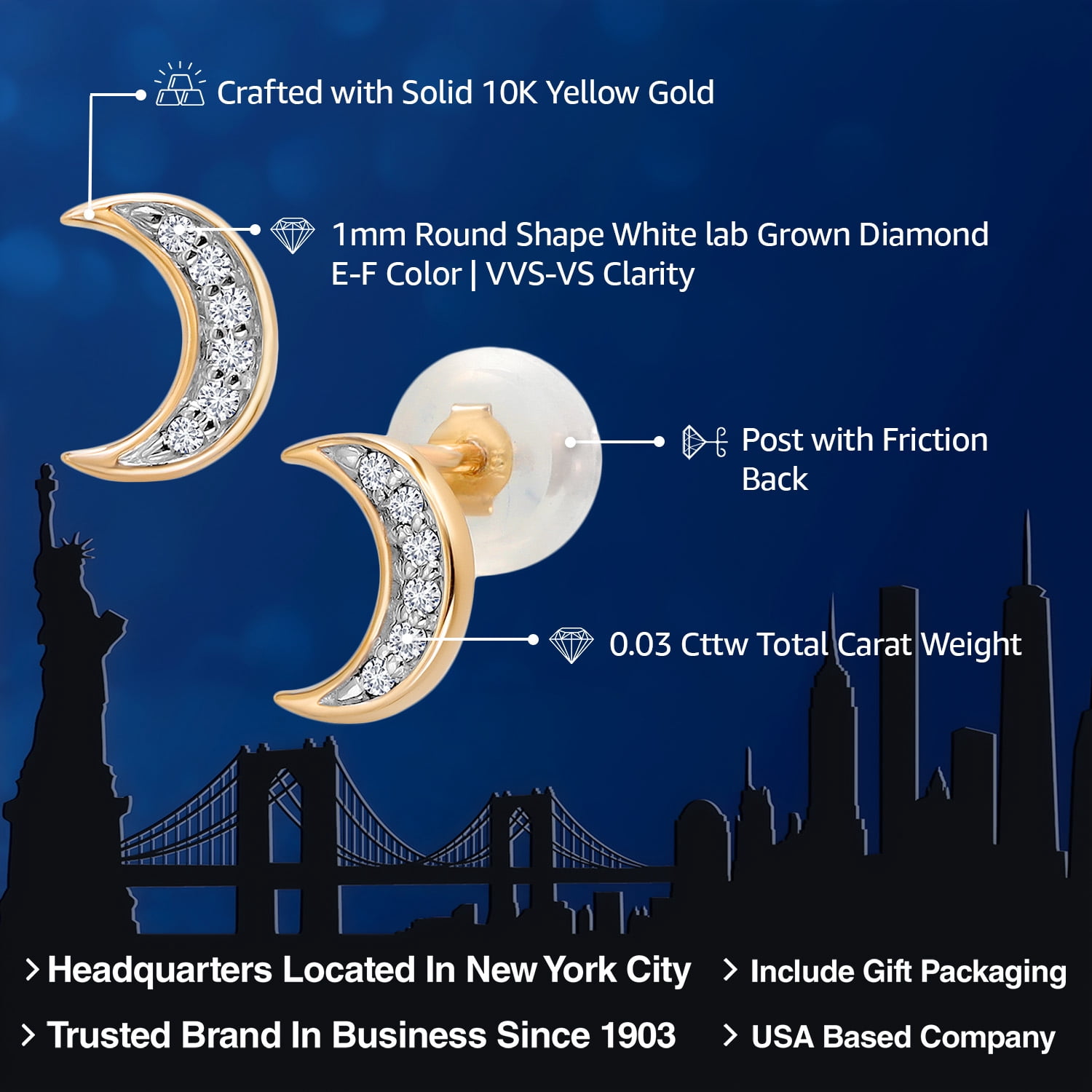 Gem Stone King 10K Yellow Gold White Lab Grown Diamond Crescent Half Moon Stud Earrings | Gold Earrings for Women Men