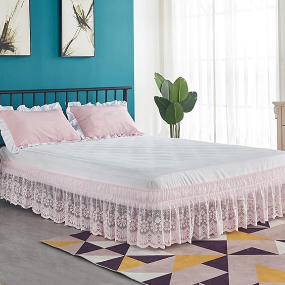 XmhyTop-A 100x200cm Bed Skirt Easy Fit Wrap Around Bed Skirt with Delicate Lace Trim, Solid Color Bed Ruffle,1 Piece,Pink