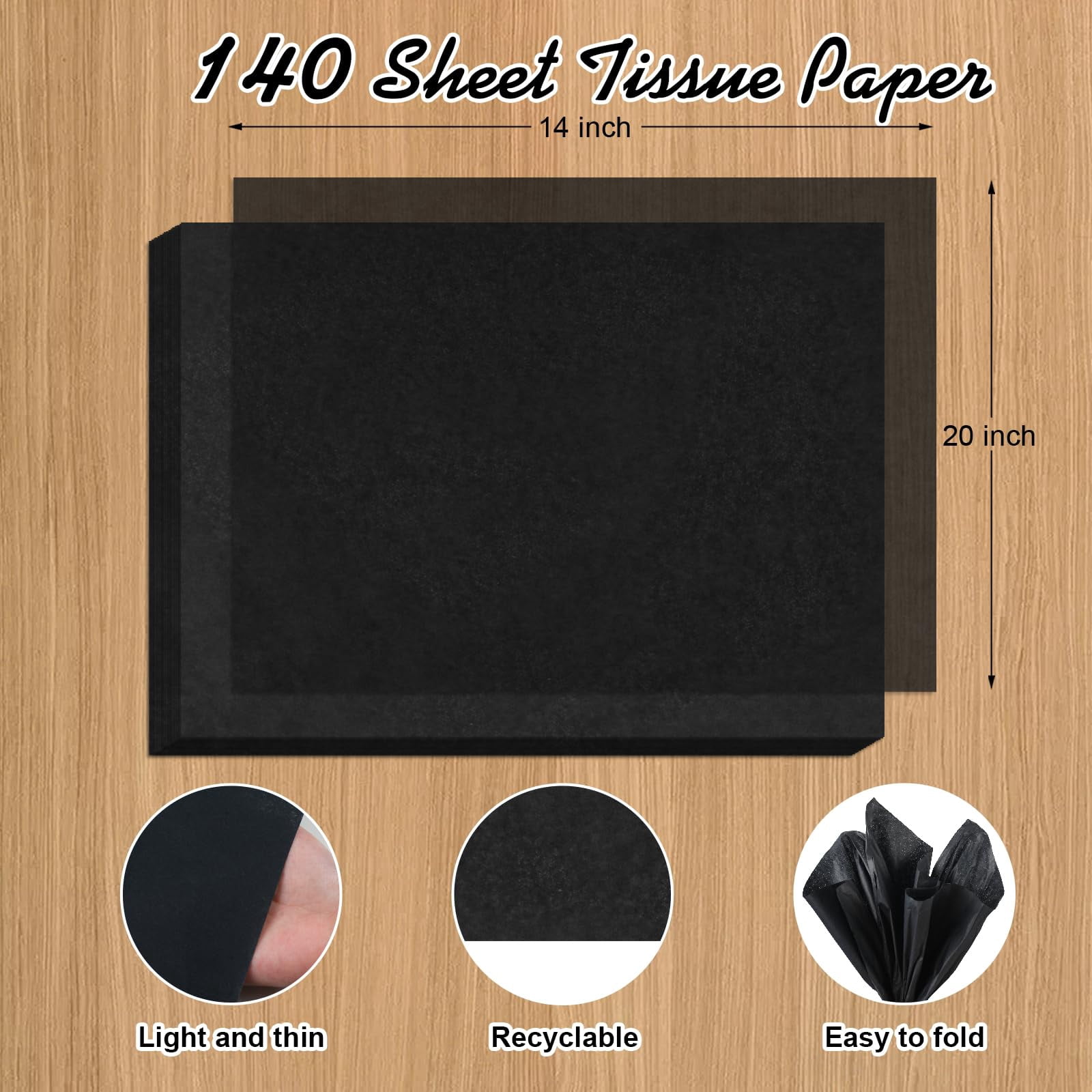 140 Sheets Tissue Paper – 14 x 20 Inch, Bulk for Gift Wrapping, Wedding, Birthday, DIY Crafts, Arts, Decor, Available in Black, Blue, Green, Pink, and White