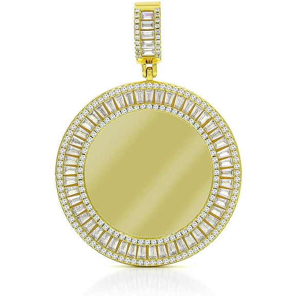 .925 Sterling Silver Round Disc, Engraveable, Picture Frame, Gold Plated Micro Pave Baguette Cubic Zirconia, Giorgio Bergamo Gold