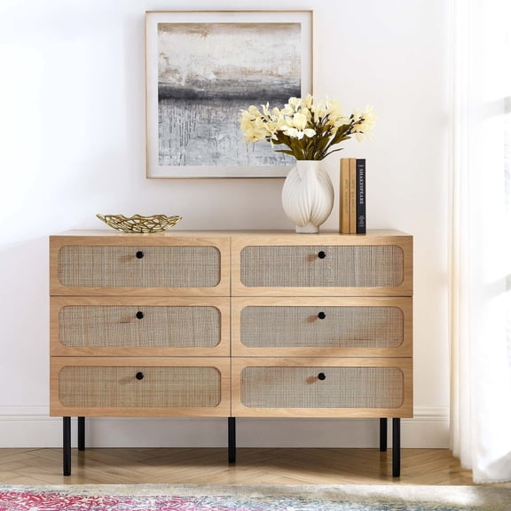 Modway Chaucer 6-Drawer Particleboard and Rattan Compact Dresser in Oak