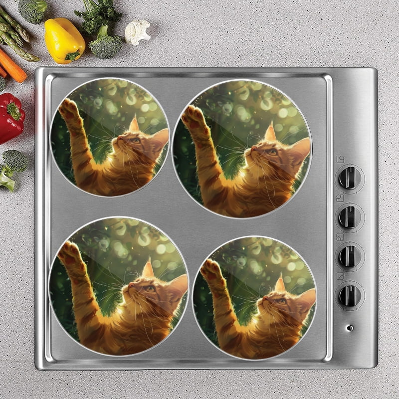 Bahomeck Electric Stove Burner Covers Set Of 4,Ginger Cat Reaching For Leaves In The Air Metal Gas Stove Burner Covers,Protecting Gas Stoves,8 Inch And 10 Inch