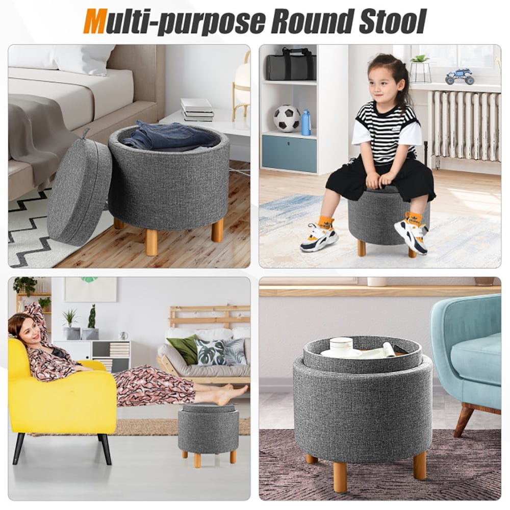 Finihen Round Fabric Storage Ottoman, Footrest Stool, Vanity Chair, Storage Ottoman with Tray and Non-Slip Pads, for Living Room, Bedroom, Gray Finihen Round Fabric Storage Ottoman, Footrest Stool, Vanity Chair, Storage Ottoman with Tray and Non-Slip Pads, for Living Room, Bedroom, Gray