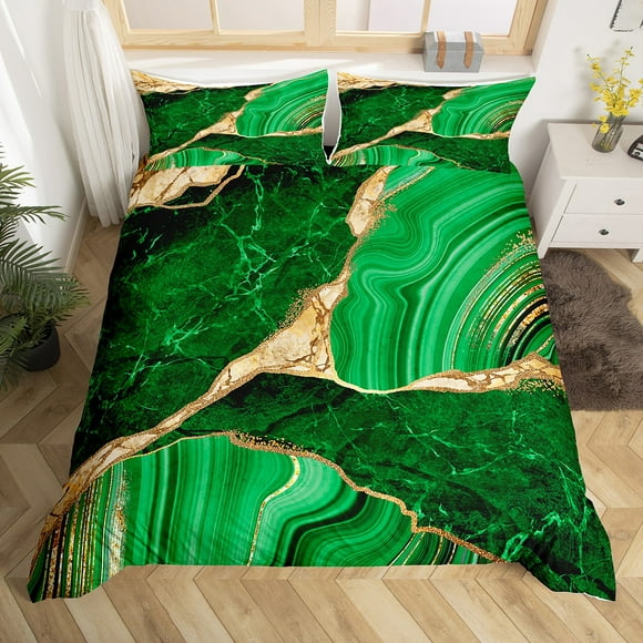 Gold Green Marble Duvet Cover Queen, Marbling Crack Print Bedding Set For Child, Abstract Metallic Texture Comforter Cover, Luxury Shinny Room Decor Boho Hippie Fluid 2 Pillow Cases Quilt Cover