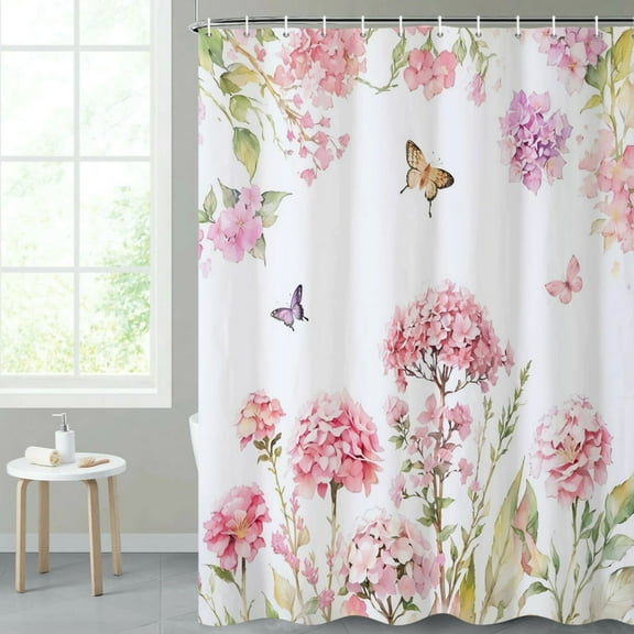 Mizhona Pink Floral Shower Curtain Butterfly Waterproof Polyester for Bathroom Modern Pretty Luxury Decoration Washable 72"X72"