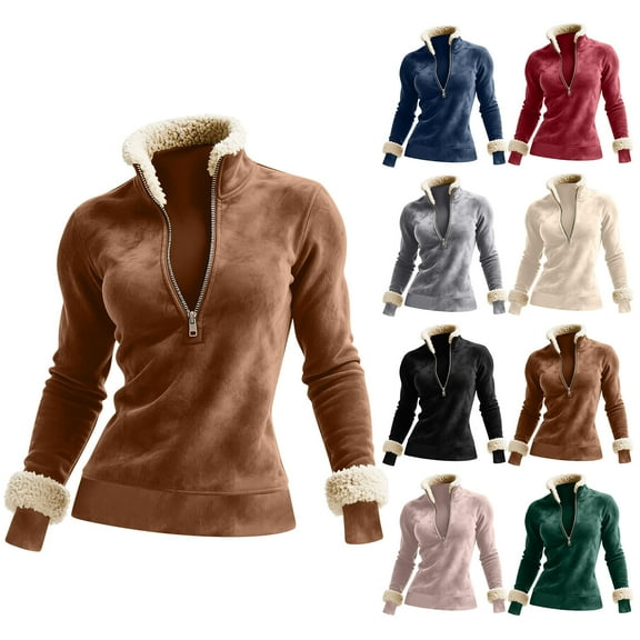 Horkkom Quarter Zip Pullover Women Casual V Neck Sweatshirt Fleece Warm 1/4 Zip Sweatshirts L