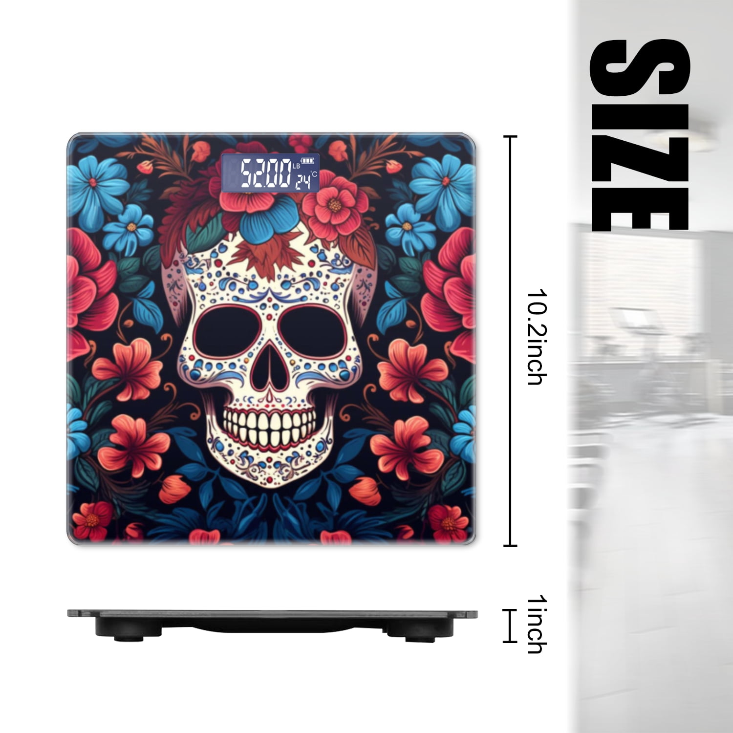 Bathroom Scale, Highly Accurate Digital Body Scale,Precisely Measures Weight up to 400 lbs-Intricate Skull Surrounded By Vibrant Flowers