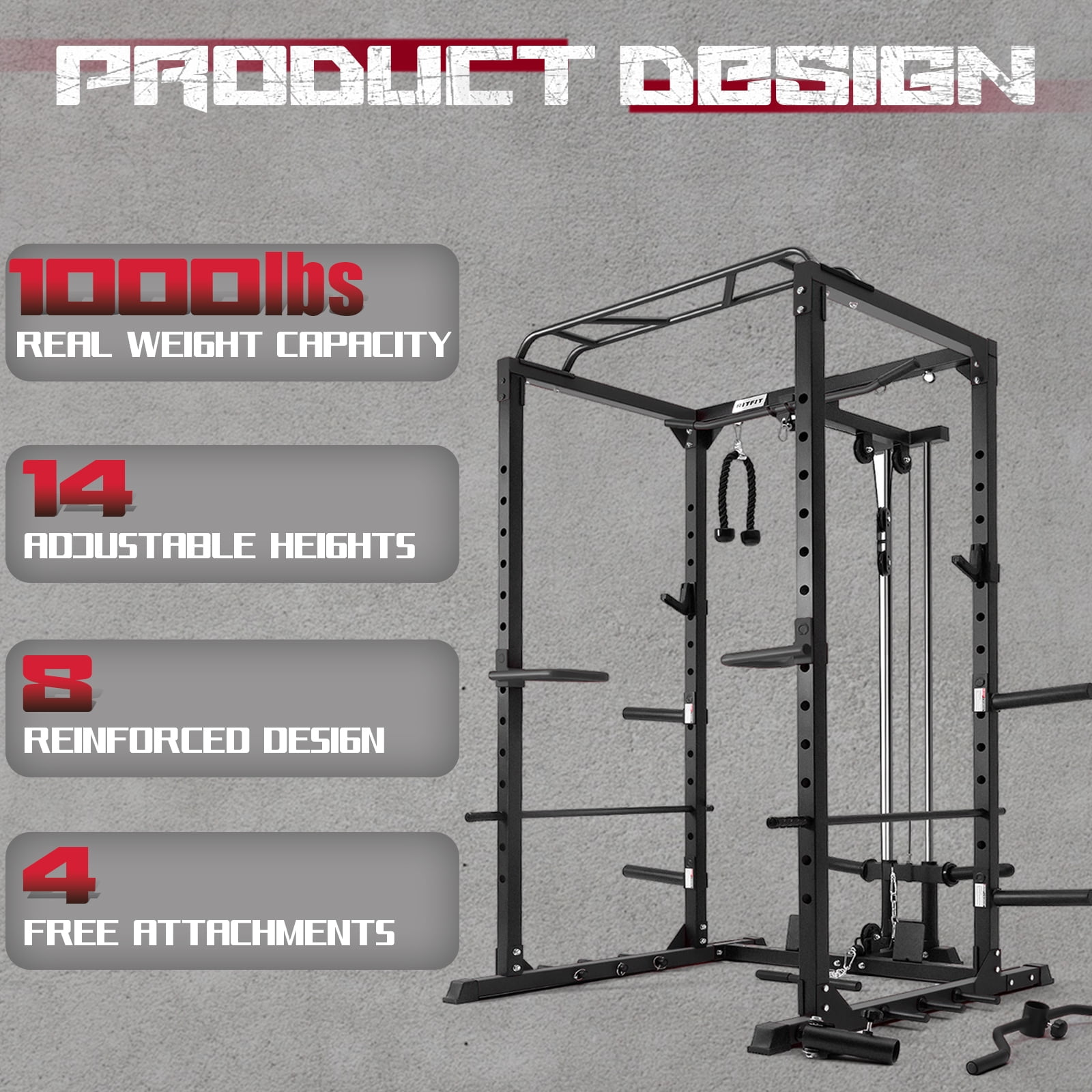 RITFIT All-In-One Squat Rack for Home Gym, PPC02C Multi-Function 1000 LBS Capacity Power Cage with Lat Pulldown, Pulley System, Dip Bar, Landmine & More Power Rack Attachments