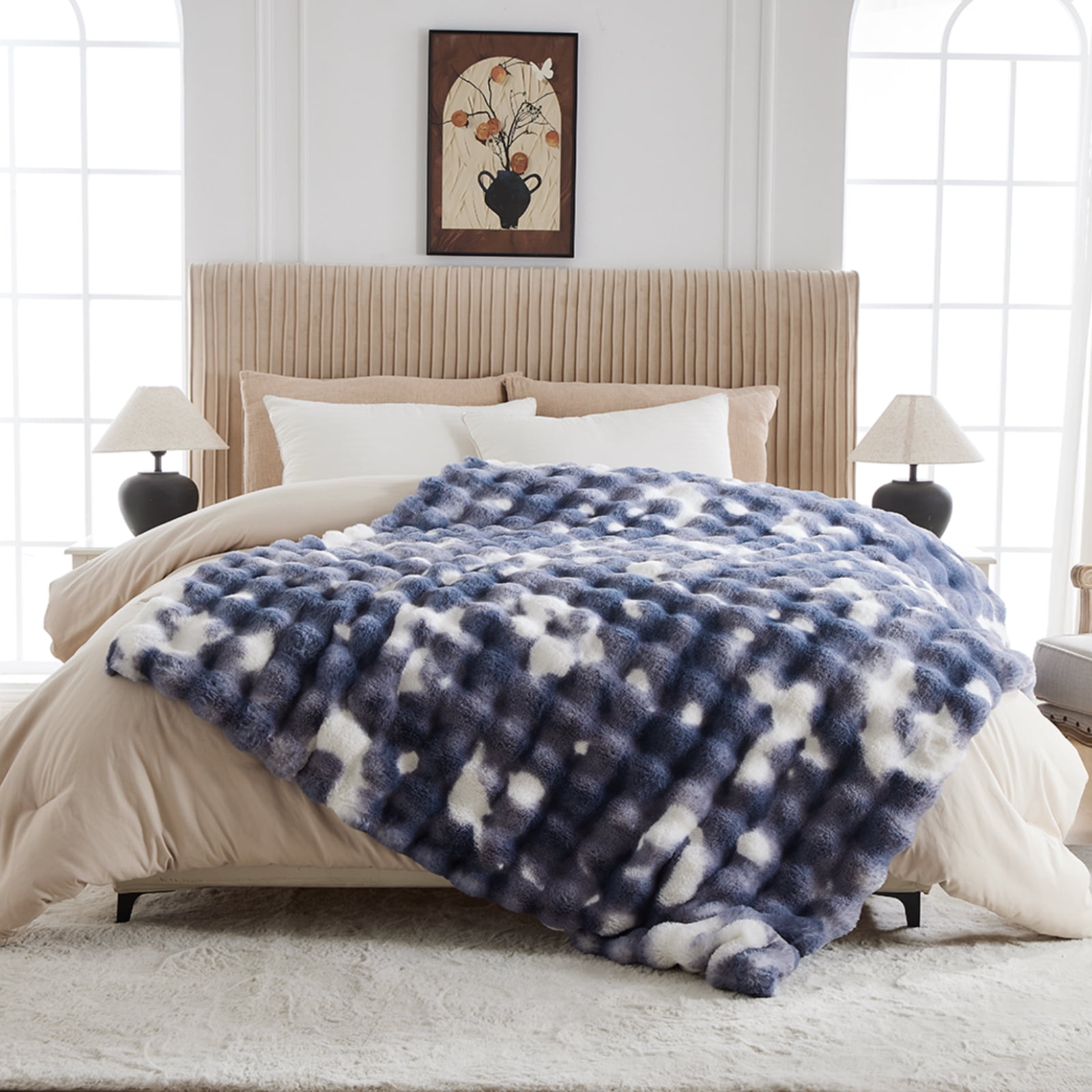 GEMBED Faux Fur Throw Blanket for Couch Fuzzy Soft Plush Thick Bubble Blanket for Living Room, 50x60 inches, Tie Dye Blue