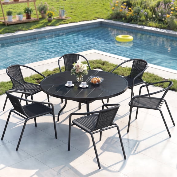 ELPOSUN 7-Piece Outdoor Patio Dining Set, Patio Dining Chairs & 51.1” Large Round Dining Table with Umbrella Hole, Steel Frame & Rattan Seat, Black/Black