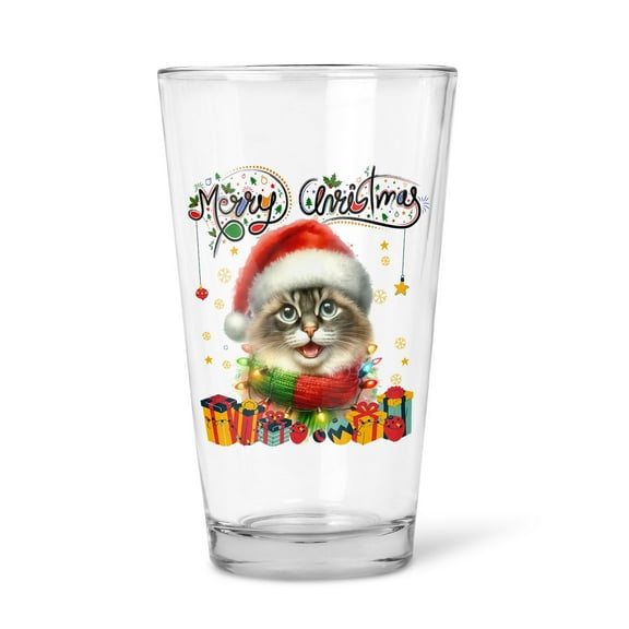 Merry Christmas Santa Ragdoll Scarf Twinkling Lights Xmas Holiday 16oz Pint Beer Glass Mug Cat Lover Kitten Owner Gifts Idea Beer Glasses Cup - 00022