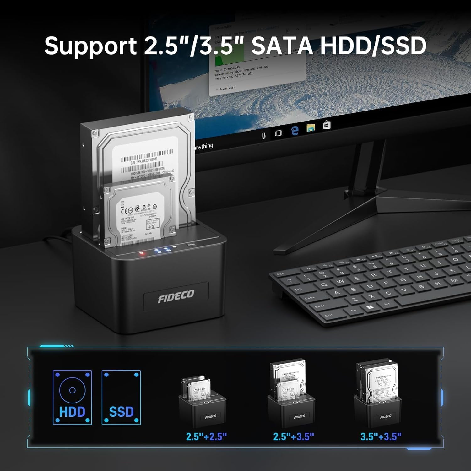 FIDECO External Hard Drive Docking Station, Hard Drive Dock for 2.5 and 3.5 inch SATA HDD SSD, HDD Docking Station with Dual Bay, USB 3.0 Hard Drive Reader, Support Offline Clone and UASP