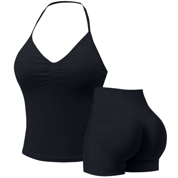 Soyumi Workout Sets for Women 2 Piece seamless Halter Sports Bra Scrunch Butt Impact Shorts Gym Yoga Outfits Booty Lifting ShortsBlack