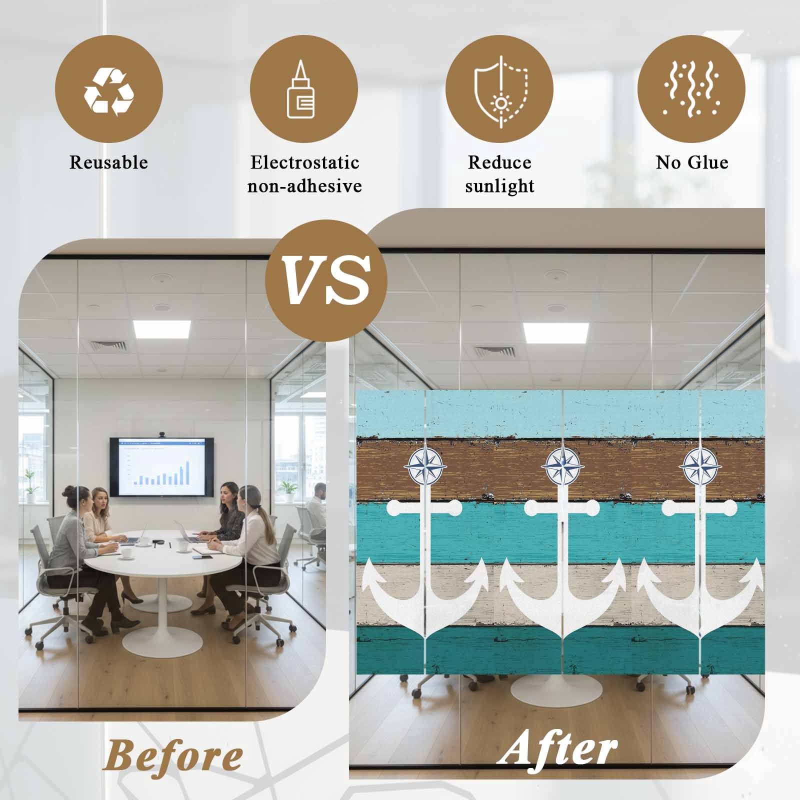 White Anchor Window Privacy Film, Costal Green Brown Stripes Wood Grain Bottom Frosted Glass Window Clings Static Cling UV Heat Blocking Reusable Door Sticker for Bathroom 23.6 x 59 Inch