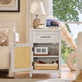 thumbnail image 3 of Nightstand Set of 2 with Charging Station, Rattan End Table with Drawer & Storage Cabinet, Bedside Table for Bedroom, Living Room, Grey White, 3 of 11