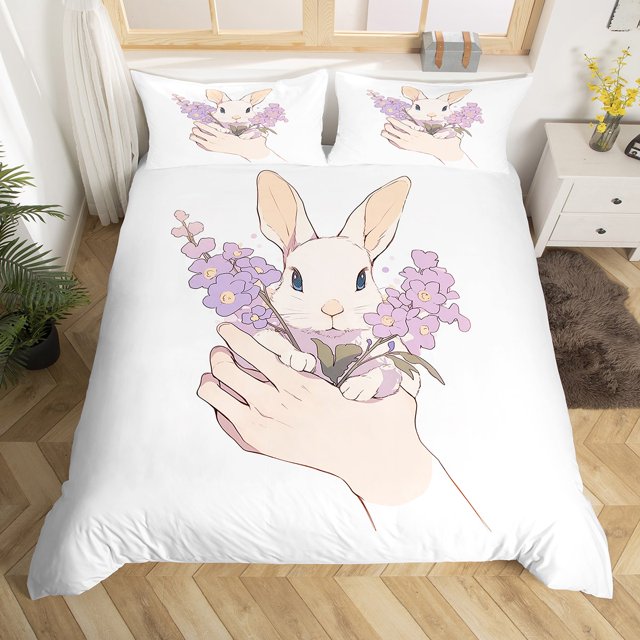 Cute Rabbit Duvet Cover Set Queen Size,Purple Lavender Bedding Set 3Pcs for Kids Girls Boys Decor,Nature Flower Animals Comforter Cover Spring Happy Easter Quilt Cover,2 Pillowcases(No Comforter)