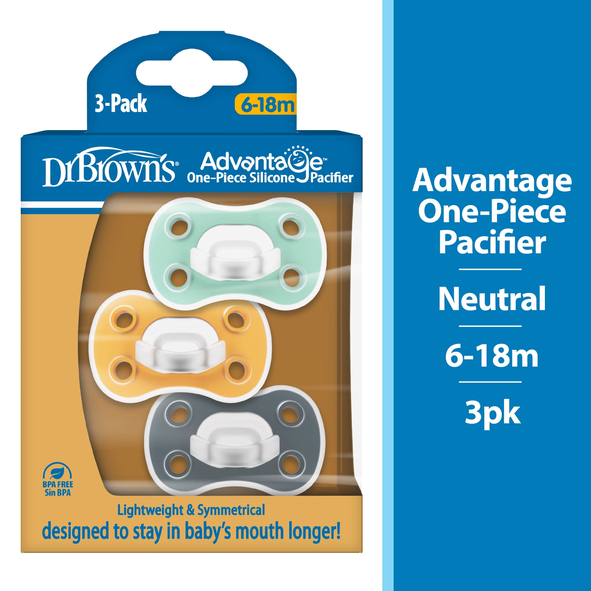 Dr. Brown's Advantage Lightweight One-Piece Silicone Baby Pacifier, Fully Symmetrical Soother, Neutral, 6-18m, BPA Free, 3 Pack