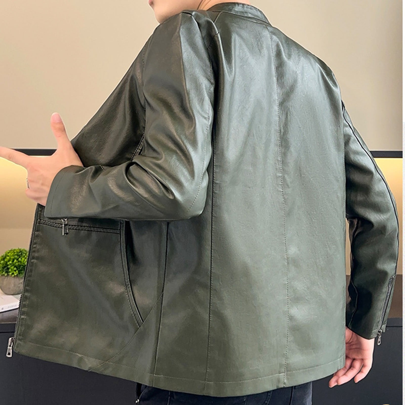 Maoxin Men's Jacket Men's Stand Up Collar Business Casual Leather Jacket Zipper Cardigan Jacket Plus Size Jackets for Men Army Green 4XL