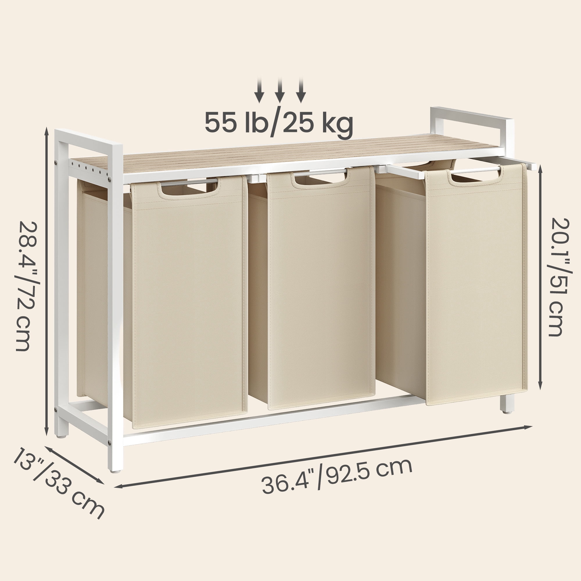 Ledrem 3-Bag Laundry Sorter Hamper with Pull-Out Bags and Shelf,Cappuccino Beige and Natural Beige