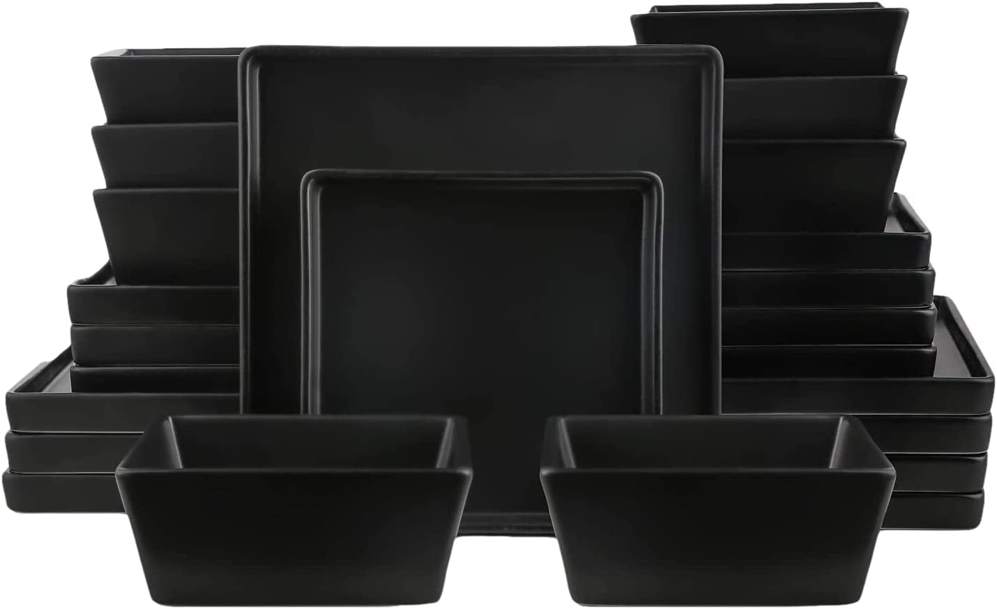 BOTUI 24 Pieces Stoneware Square Dinnerware Set, Black Matte