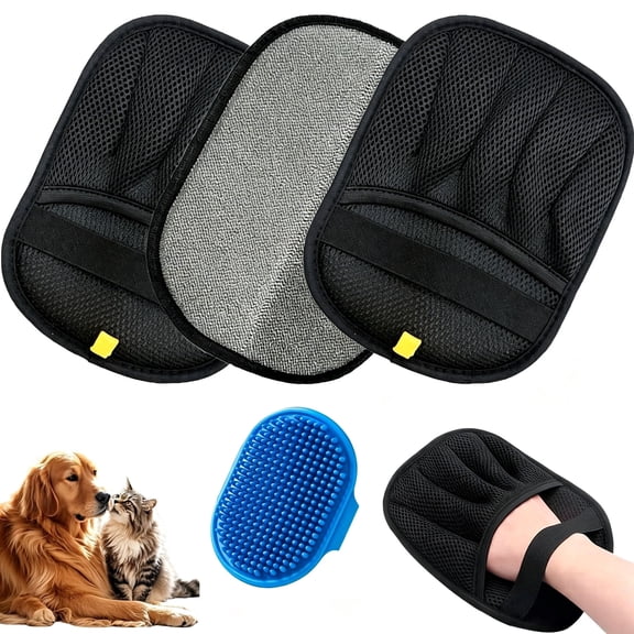 4 Pack Pet Hair Removal Gloves for Cats & Dogs, 3 Reusable Electrostatic Five-Finger Gloves and 1 Magic Brush, Remover Tool Set for Couch, Carpet, Clothing, Car Seat, Black