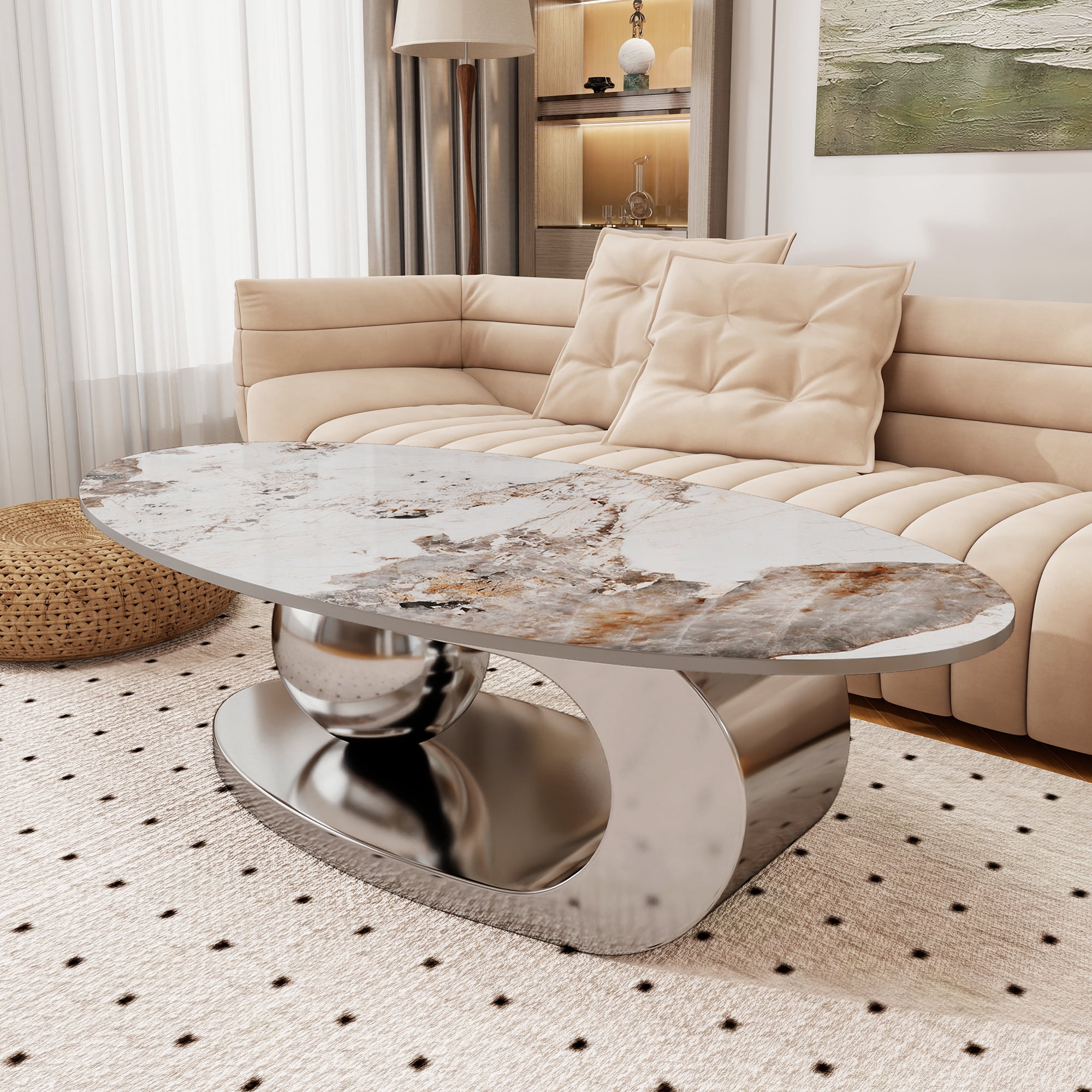 MDQMD Oval Coffee Table with Faux Marble Top Gray Steel Base Modern Minimalist Living Room Table  Storage Shelf Central Ball Support Design  Gray Marble Space-Saving Center Table