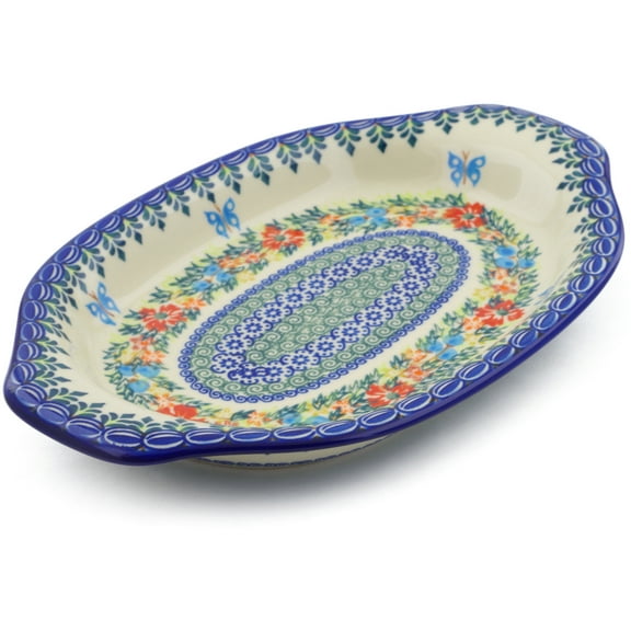 Polish Pottery 12¼-inch Platter with Handles (Red Cornflower And Blue Butterflies Theme) Signature UNIKAT Hand Painted   Certificate of Authenticity