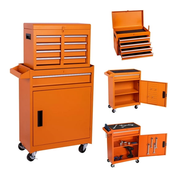 Seizeen Rolling Tool Box, 2-IN-1 Steel Tool Chest and Storage Cabinet, Removable Tool Box Organizer On Wheels with 5 Sliding Drawers for Garage Workstation Workshop, Orange