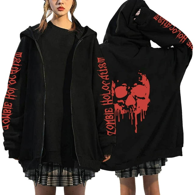 WZXFASHION Womens Long Sleeve Hoodie Top Gothic Zip Sweatshirt With Pockets Spring Savings Clearance designer pullover sweater