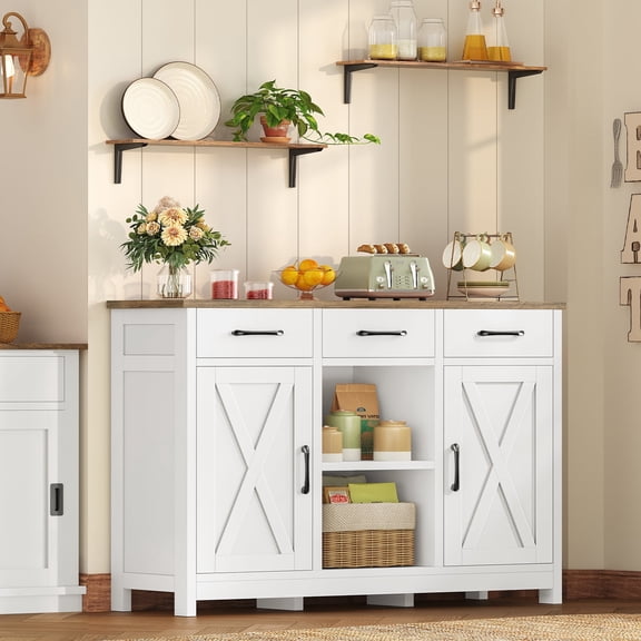 TEENFON Buffet Storage Cabinet with 3 Drawers & 2 Doors, Morden Sideboard & Buffet, Coffee Bar, Wine Bar for Kitchen, Living Room, White