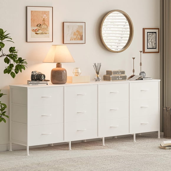 70" Long Dresser with Charging Station 12 Fabric Drawers Dresser TV Stand for 65 75 80 Inch TVs Dresser for Bedroom,Living Room,White