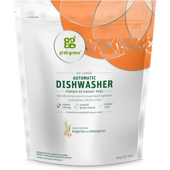 Automatic Dishwashing Detergent Pods, 60 Count, Tangerine Lemongrass Scent, Plant and Mineral Based, Superior Cleaning, Powerful Grease Removal, Brilliant Shine