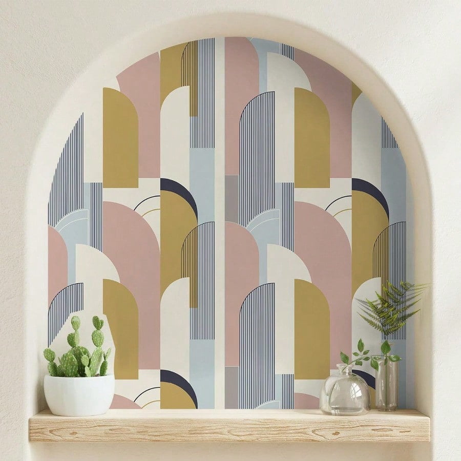 VEELIKE 17.7''x354'' Abstract Arches Geometric Wallpaper Peel and Stick Boho Geometric Contact Paper for Accent Walls Removable Modern Wallpaper Self Adhesive Art Wall Mural for Bedroom Bathroom