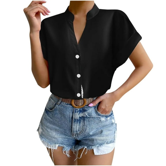 RYRJJ Silk Button Down Shirts for Women Satin Short Sleeve V Neck Casual Work Office Blouse Tunic Tops Summer Fashion Clothes(Black,S)