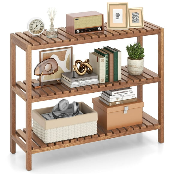 Gymax 3-Tier Side Table Teak Wood Stand Utility Storage Shelf Organizer Entryway Bench
