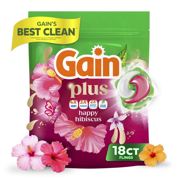 Gain Happy Super-Sized Flings Laundry Detergent Packs, Hibiscus Hula Scent, 18 Count