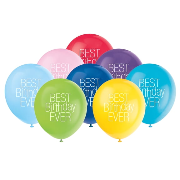 Unique Industries Latex 16" Multi-color Graphic Prints Best Birthday Ever Balloons, 8 Count