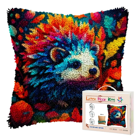 Colorful Cartoon Hedgehog Autumn Leaves DIY Latch Hook Pillow Kits for Adults Printed Pillowcase Crochet Yarns Hooking Handmade Pillow Cover Cushion for Home Sofa Decoration 17x17inch(1)