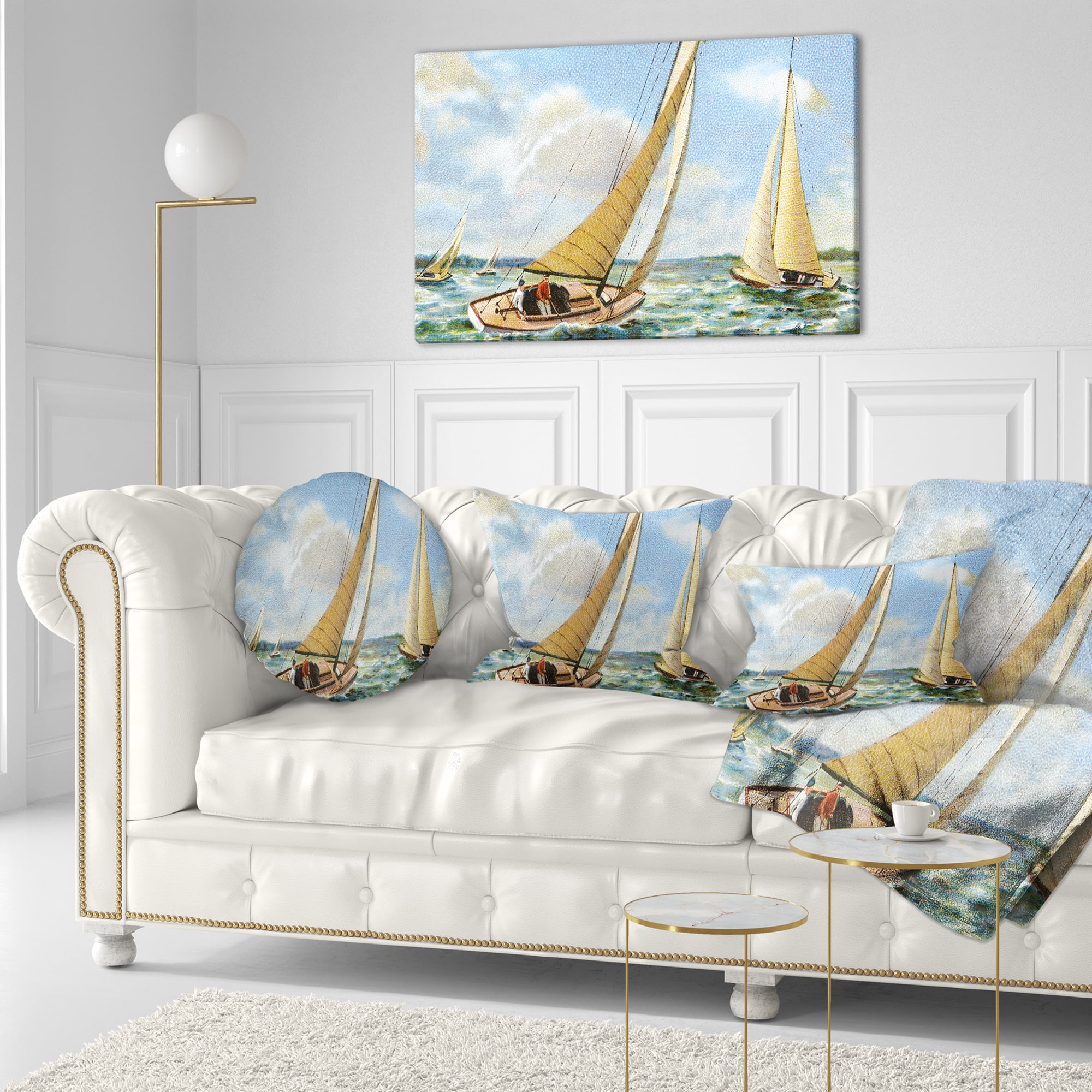 Designart Vintage Boats Sailing - Seascape Painting Throw Pillow - 12x20
