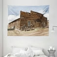 thumbnail image 1 of Barn Wood Wagon Wheel Tapestry, Abandoned Mercantile with Wagon Wheels Ghost Town, Wall Hanging for Bedroom Living Room Dorm Decor, 80W X 60L Inches, Brown Sand Brown Light Blue, by Ambesonne, 1 of 2
