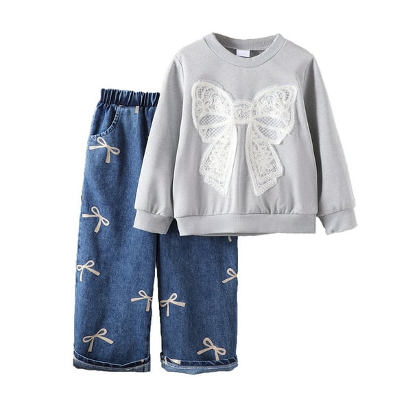 SGMVNU Toddler Girl 2 Piece Outfits Fall Winter Gifts Trendy Long Sleeve Pullover Sweatshirt with Staight Leg Baggy Jeans Pants Set(Size 5-6 Years, Grey)