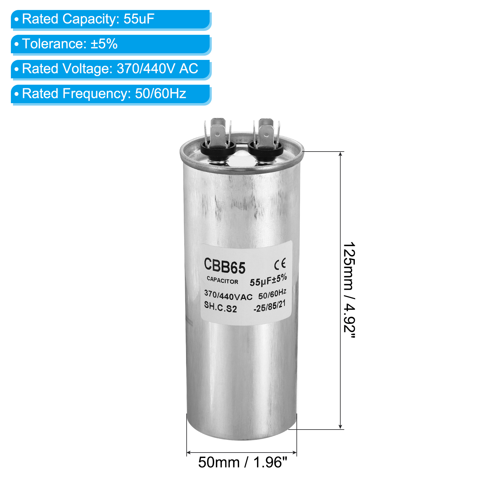Uxcell CBB65 55uF Run Capacitor,55mfd 1Pcs AC 370/440V Aluminum Case with 2 Terminal