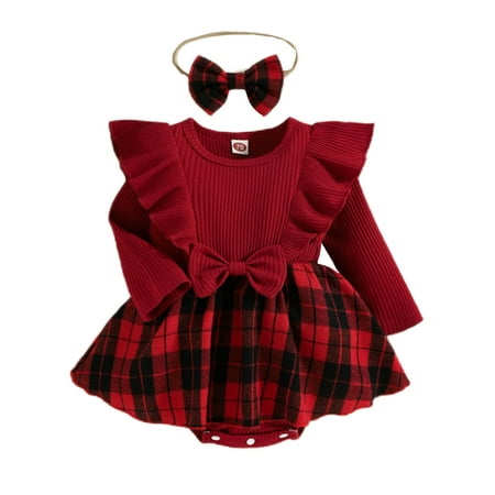 

Glookwis Newborn Long Sleeve Party Dress Cute Dresses Casual Sweet Check Print Ruffle Red 90cm
