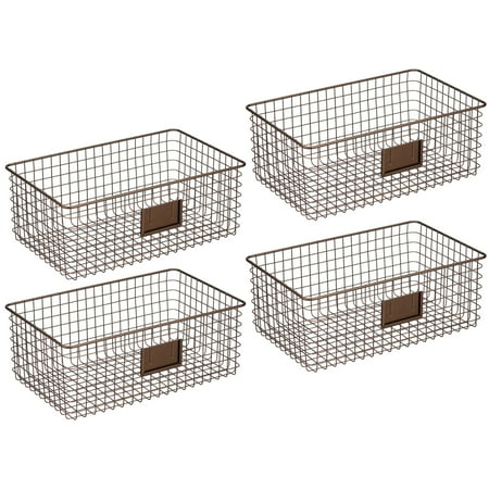 mDesign Farmhouse Decor Metal Wire Food Organizer Storage Bin Basket with Label Slot for Kitchen Cabinets Pantry Bathroom Laundry Room Closets Garage - 4 Pack - Bronze