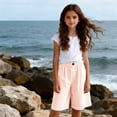 thumbnail image 7 of OGLCCG Girls Striped Bermuda Shorts Cotton Linen Knee Length Wide Leg Shorts with Pockets Casual Elastic Waist Summer Beach Shorts 4-14 Years, 7 of 7