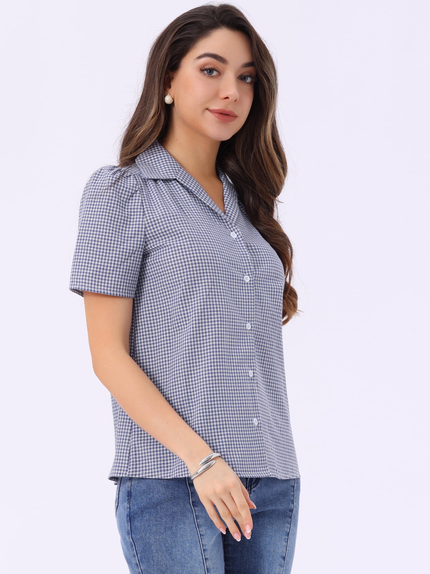 DARING DIVA Women's Plaid Puff Sleeves Vintage Gingham Blouses XS Purple